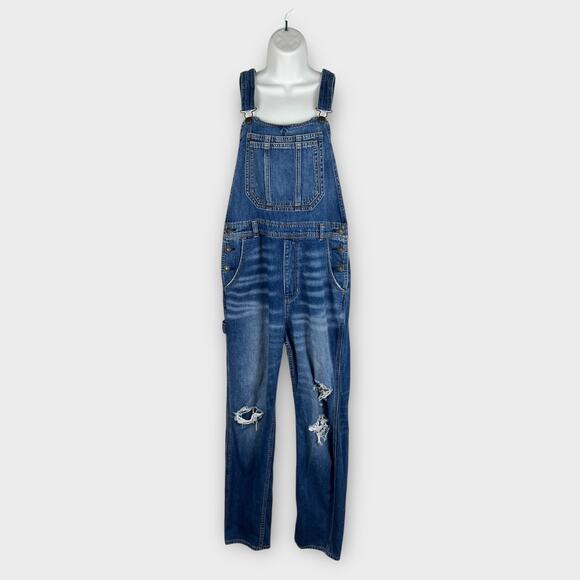 American Eagle 90s Boyfriend Overalls M Carpenter Bib Distressed Denim AE Y2K - Picture 1 of 9